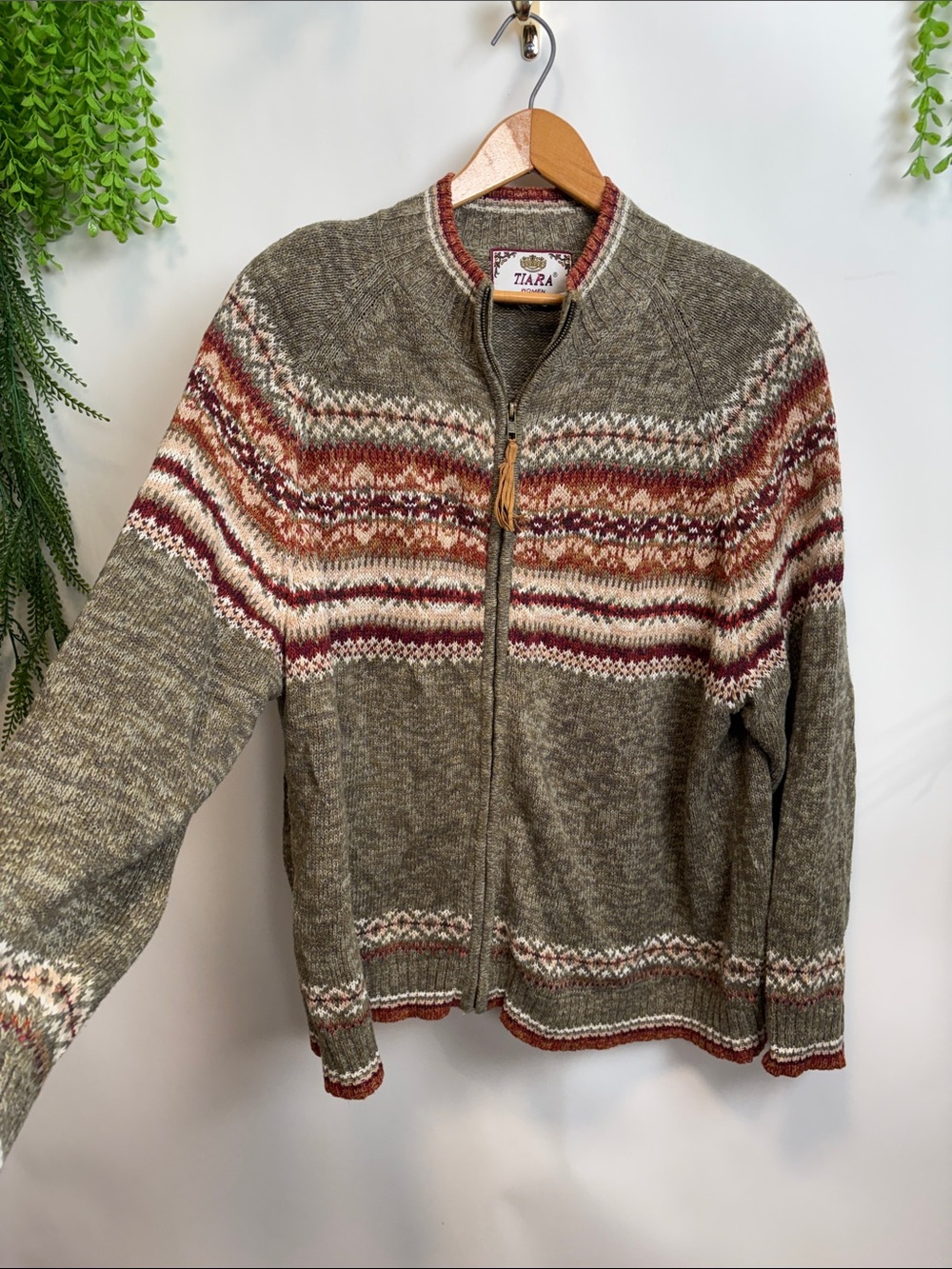 Tiara Olive Fair Isle Zip-Front Cardigan with Cream & Rust Accents